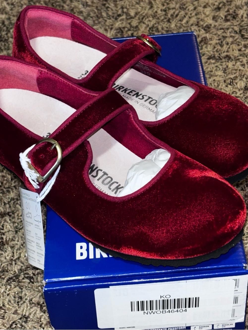 BIRKENSTOCK SANTA CLARITA VELVET MARY JANE FLATS MARS RED NIB SZ 38 NARROW